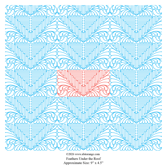 Feathers Under the Roof is a 9" x 4.5" E2E - All-Over Pantograph design featuring classic feathers and bold geometric lines. Compatible with longarm formats