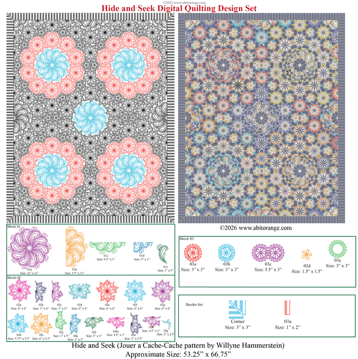 Hide and Seek is a dense 53.25” x 66.75” Whole-Cloth Project design featuring intricate geometric and floral motifs. Custom designed for the Willyne Hammerstein pattern.