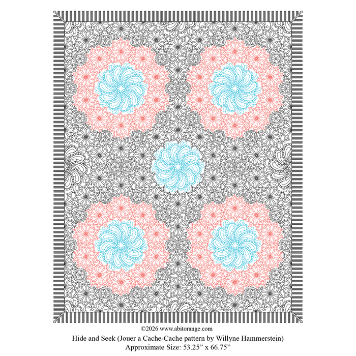 Hide and Seek is a dense 53.25” x 66.75” Whole-Cloth Project design featuring intricate geometric and floral motifs. Custom designed for the Willyne Hammerstein pattern.