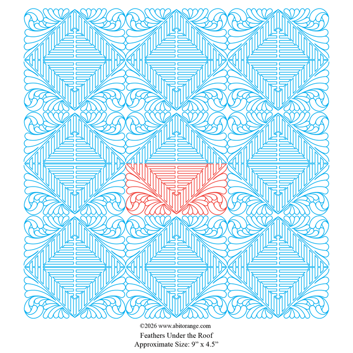 Feathers Under the Roof is a 9" x 4.5" E2E - All-Over Pantograph design featuring classic feathers and bold geometric lines. Compatible with longarm formats