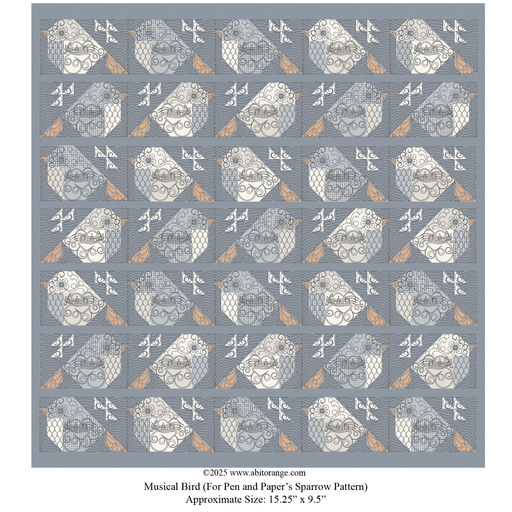 Musical Bird custom digital longarm block pattern, highlighting a musical staff wing, clamshell breast, floral head, and flowing wavy background fills.