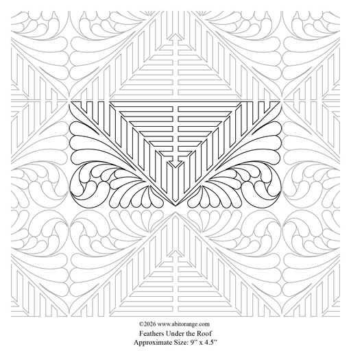 Feathers Under the Roof is a 9" x 4.5" E2E - All-Over Pantograph design featuring classic feathers and bold geometric lines. Compatible with longarm formats