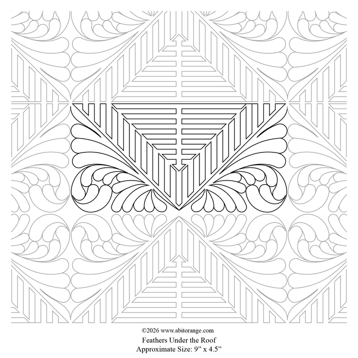 Feathers Under the Roof is a 9" x 4.5" E2E - All-Over Pantograph design featuring classic feathers and bold geometric lines. Compatible with longarm formats