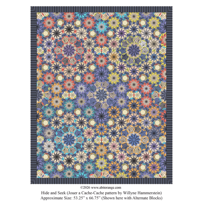 Hide and Seek is a dense 53.25” x 66.75” Whole-Cloth Project design featuring intricate geometric and floral motifs. Custom designed for the Willyne Hammerstein pattern.