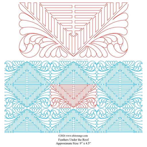 Feathers Under the Roof is a 9" x 4.5" E2E - All-Over Pantograph design featuring classic feathers and bold geometric lines. Compatible with longarm formats