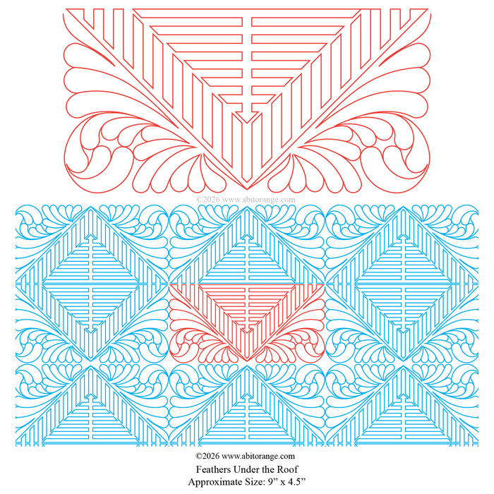 Feathers Under the Roof is a 9" x 4.5" E2E - All-Over Pantograph design featuring classic feathers and bold geometric lines. Compatible with longarm formats