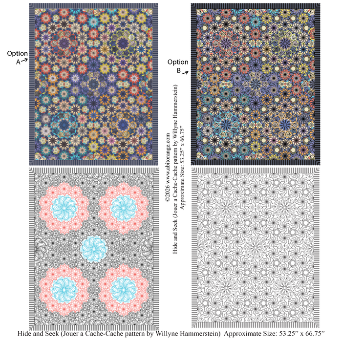 Hide and Seek is a dense 53.25” x 66.75” Whole-Cloth Project design featuring intricate geometric and floral motifs. Custom designed for the Willyne Hammerstein pattern.