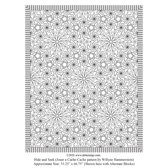 Hide and Seek is a dense 53.25” x 66.75” Whole-Cloth Project design featuring intricate geometric and floral motifs. Custom designed for the Willyne Hammerstein pattern.