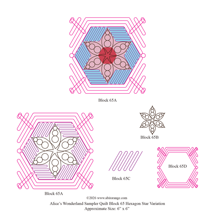 A quilt block pattern sheet titled 'Alice's Wonderland Sampler Quilt Block 65 Hexagon Star Variation