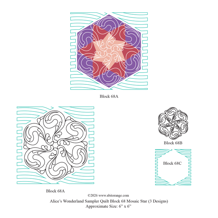 Alice's Wonderland Sampler Quilt Block 68 Mosaic Star (3 Designs) by a bit orange, showing three quilting designs for block 68