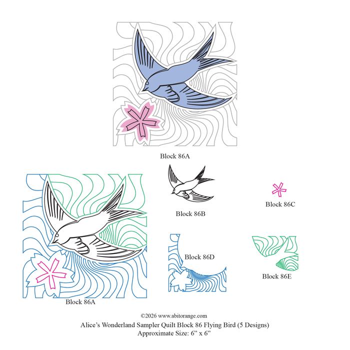 Alice's Wonderland Sampler Quilt Block 86 Flying Bird design for longarm machine quilting