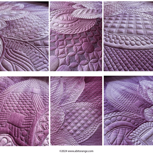 42.5x42.5 inch quilting pattern titled Dream Big Dahlia in the Evening featuring a large multi-colored dahlia flower with uniquely textured, intricately patterned petals