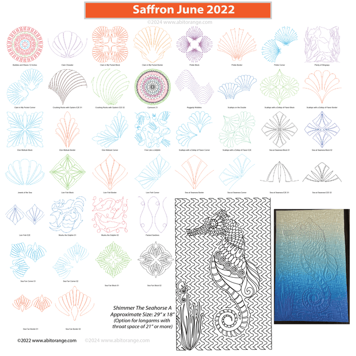 Saffron June 2022  (52 designs + Seahorse wholecloth project)