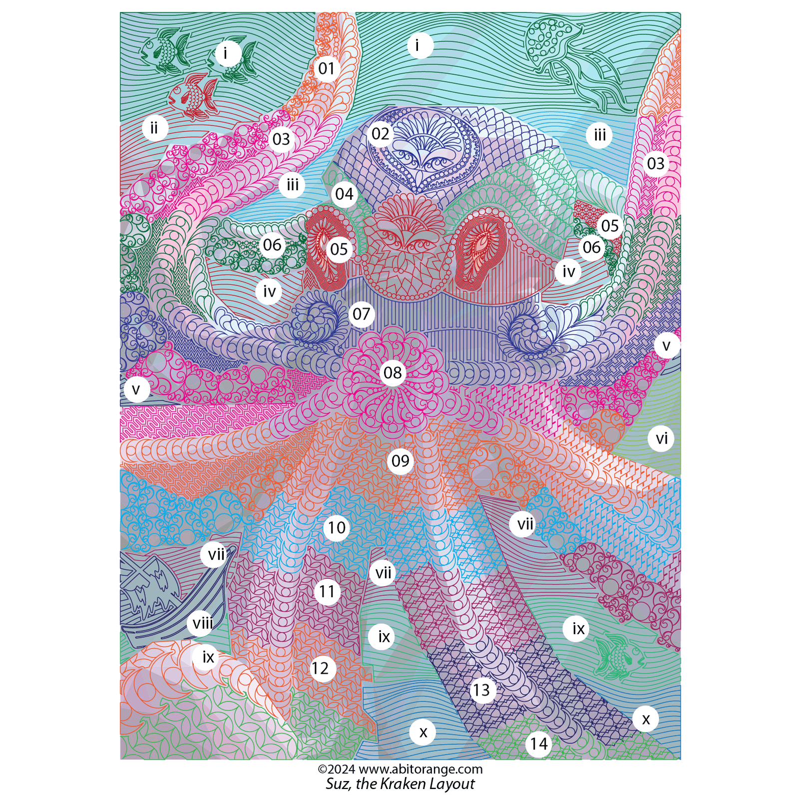 Suz the Kracken Digital quilting design for Legit Kits Kracken — A